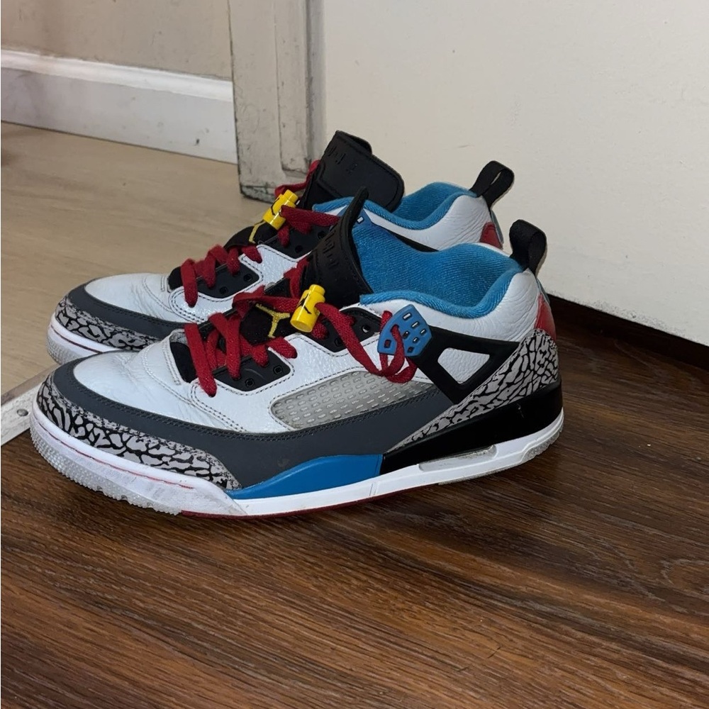 Kids Jordan-Style White, Gray & Blue Sneakers with Red Accents